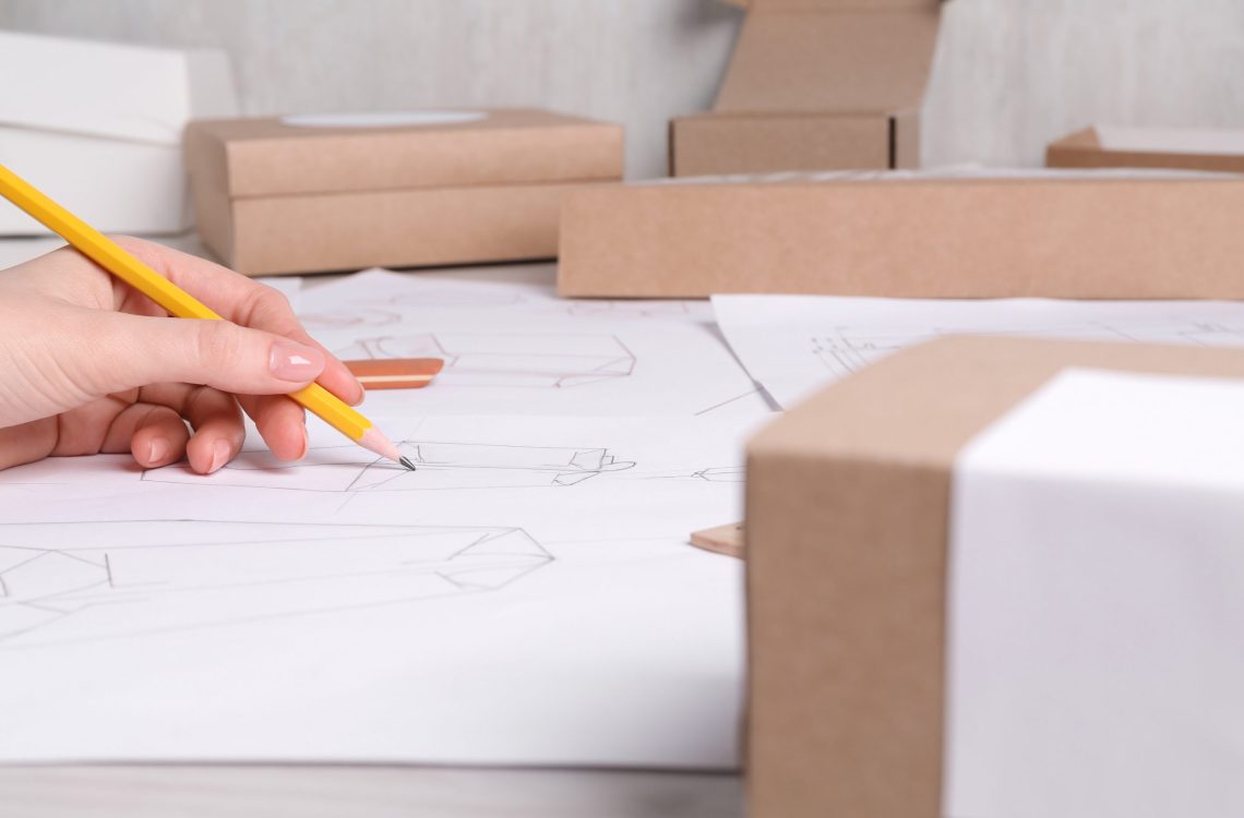 Woman creating packaging design at table, closeup